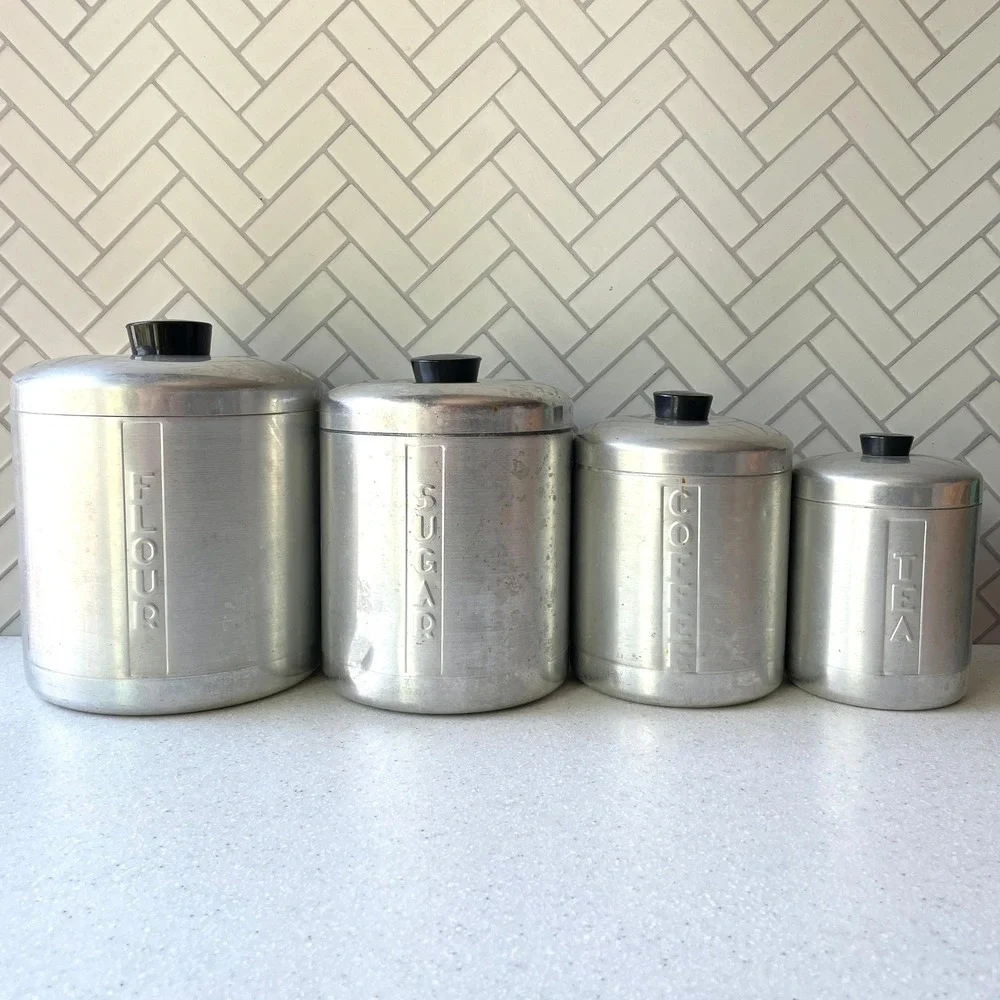 1950s Vintage Spun Aluminum Kitchen Canister Set of 4 Nesting Art Deco MCM